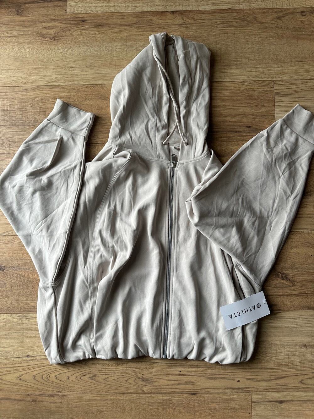 ATHLETA Seasoft Bubble Hem Full Zip Sweatshirt Women's Size XL Beige Jacket